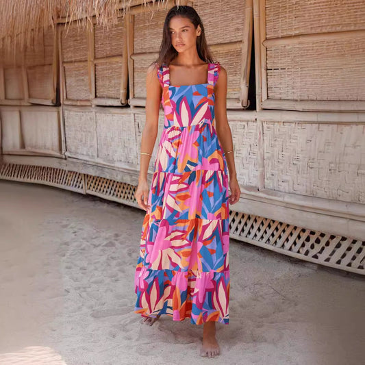 Breathable Cotton Tiered Square Neck Maxi Dress