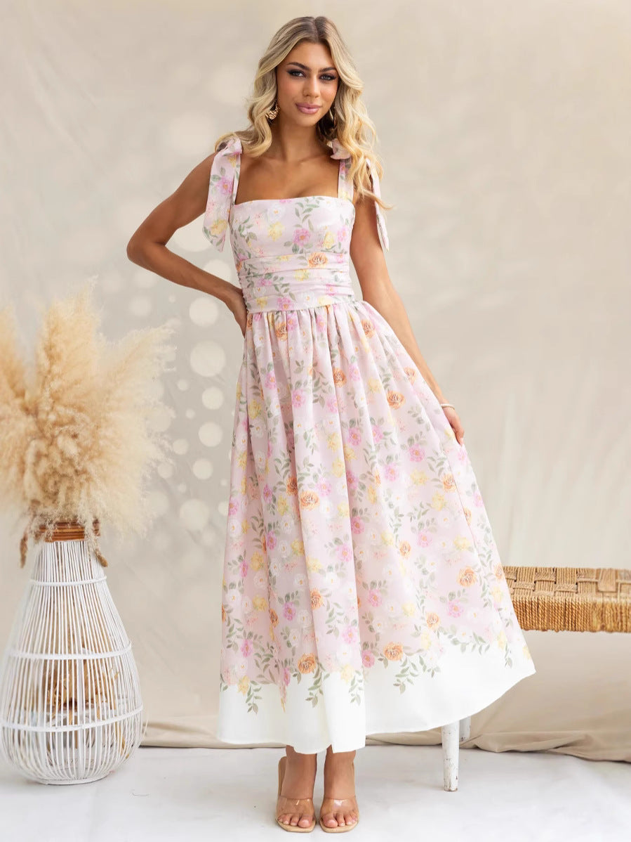 Women’s Sundress – Slim Fit – A-Line Midi – Floral Print – Bow Strap – Square Neckline