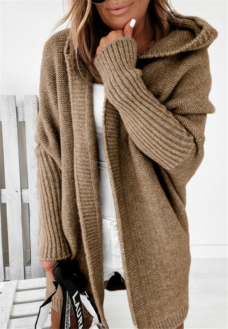 Women’s Hooded Sweater Jacket – Wool Blend Knit – Loose Fit – Open Front – Ribbed Cuffs