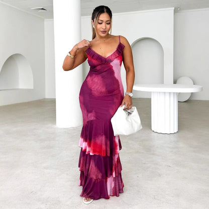 Women’s Maxi Dress – Slim Fit – Spaghetti Straps – Ruffle Neckline – Tiered Skirt