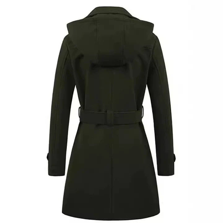 Women’s Coat – Tailored Fit – Belted Waist – Wool Blend – Hooded – Double-Breasted
