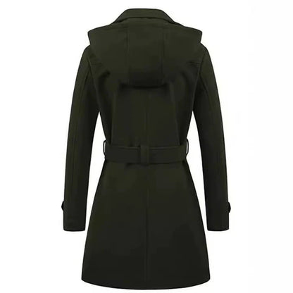 Women’s Coat – Tailored Fit – Belted Waist – Wool Blend – Hooded – Double-Breasted