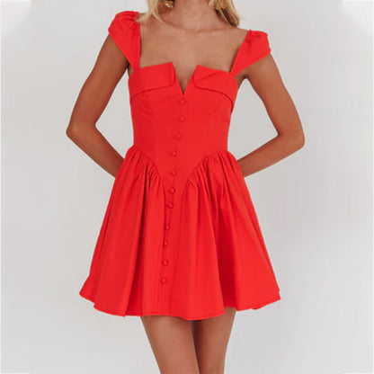 Women’s Sleeveless Mini Dress – Fitted Bodice – Pleated A-Line Skirt – Square Neckline