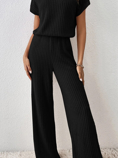Women's Knitted Two-Piece Set - Ribbed Texture - Short Sleeve Top & Wide-Leg Pants