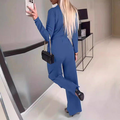 Women’s Jumpsuit – Wrap V-Neck – Long Sleeve – Wide Leg – Waist Tie – Tailored Fit
