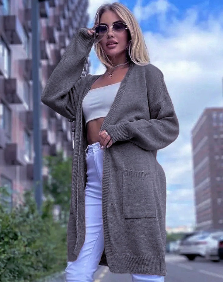 Women’s Knit Cardigan – Cotton Blend – Loose Fit – Open Front – Longline with Pockets