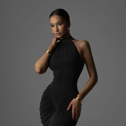 Women’s Bodycon Dress – High Neck – Sleeveless Ruched Midi – Slim Fit Evening Wear