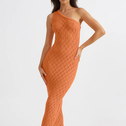 Women’s One-Shoulder Knit Dress – Fitted Silhouette – Openwork – Full Length