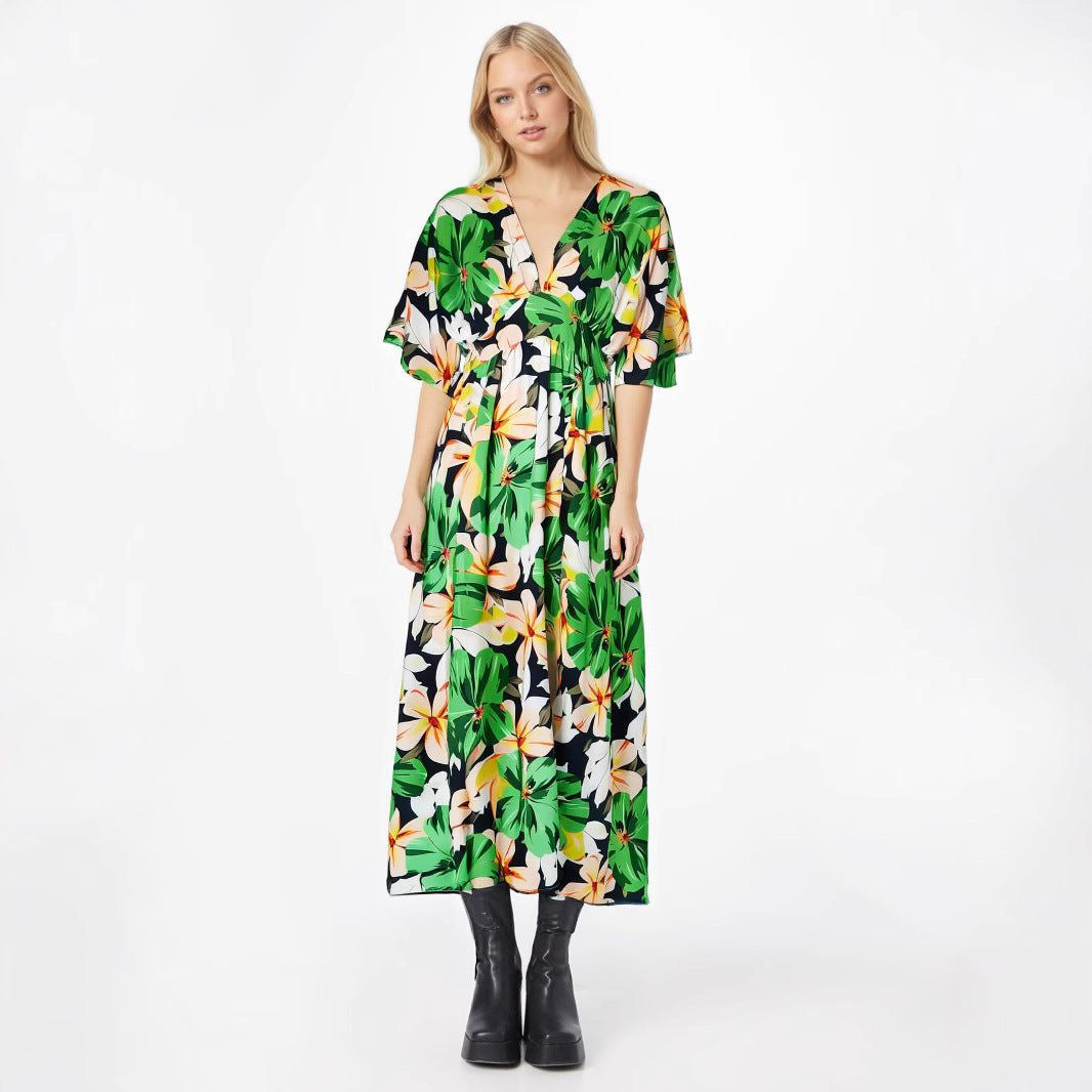 Women’s Midi Dress – V-Neck – High Waist – Printed – Short Wide Sleeves – Slit Skirt