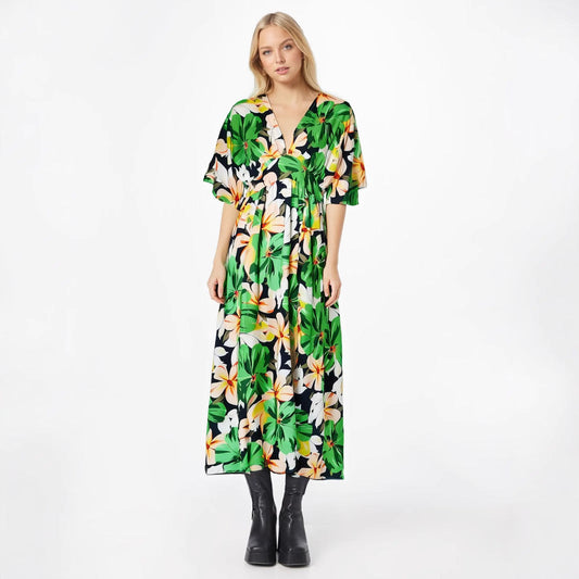 Printed High-Waisted Slit Midi Dress