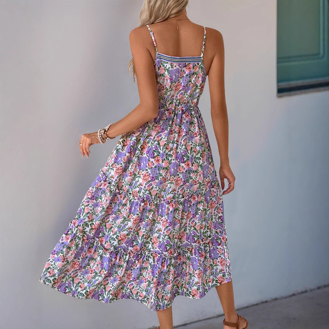 Women’s Midi Dress – Spaghetti Strap – Floral Print – Fit and Flare – Ruffle Hem