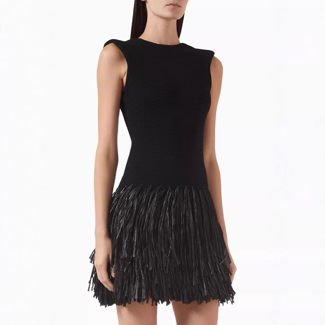 Fringe Trim Slim Fit Ribbed Mini Dress