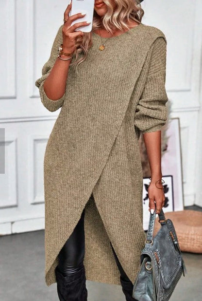 Women's Knitted Sweater Dress - Wrap Front - Asymmetric Hem - Long Sleeve Cozy Fit