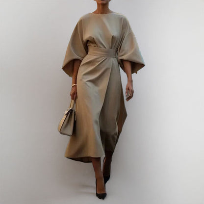 Women’s Long Dress – Satin Feel – Fitted Waist – Batwing Sleeve – Elegant Flow