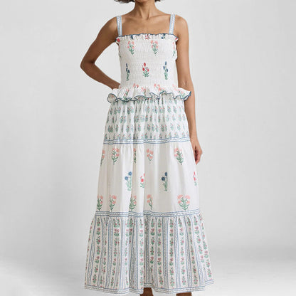 Women’s Sundress – Shirred Bodice – Tiered A-Line – Sleeveless Cotton Blend