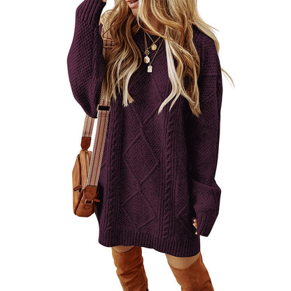 Women’s Sweatshirt – Cable Knit Wool – Loose Fit – Knee Length – Long Sleeve Casual Wear