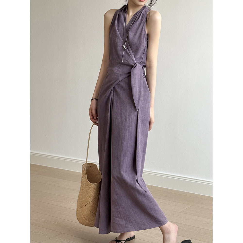 Flowy Slim Fit Halter Dress With Waist Tie