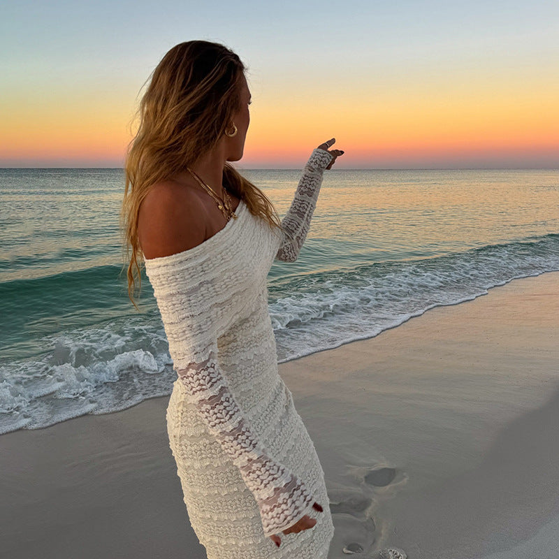 Women’s Maxi Dress – Lace – Slim Fit – Off-Shoulder – Long Sleeve Elegant Wear