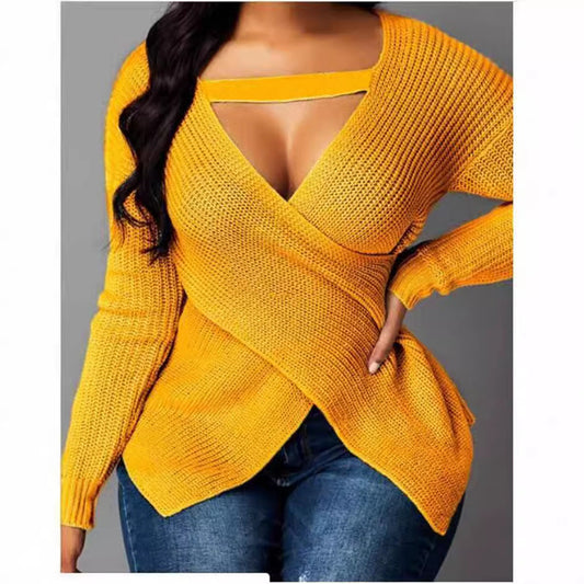 Fitted Asymmetrical V-Neck Knit Pullover Sweater 