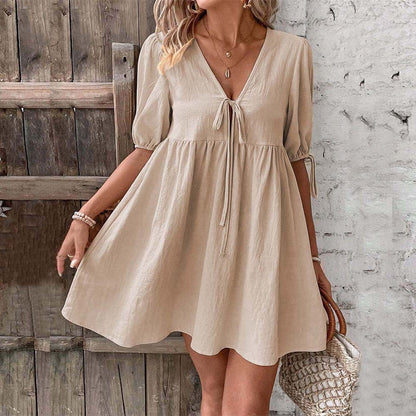 Women’s Mini Dress – A-Line Loose Fit – Deep V-Neck – Tie Front – Puff Sleeves