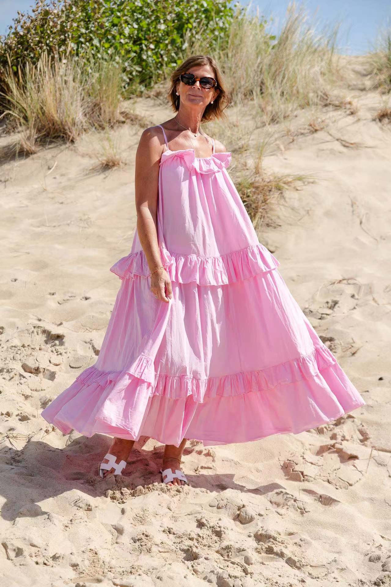 Women’s Maxi Dress – Lightweight Cotton Blend – Flowy Fit – Ruffle Neck – Tiered Skirt