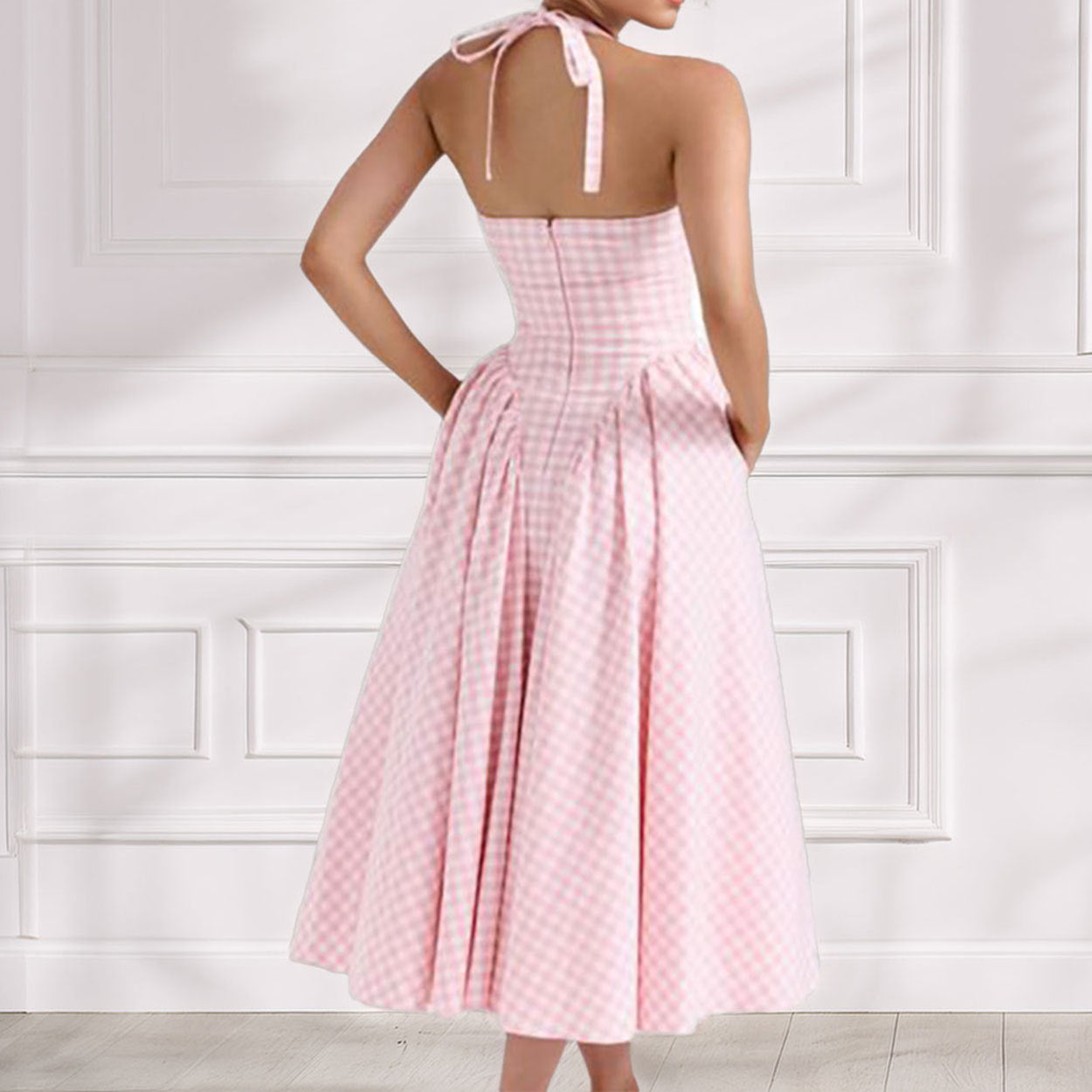 Women’s Halter Neck Dress – Slim Fit – A-Line Midi – Pleated Skirt Cotton Blend