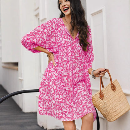 Women’s Midi Dress – Cotton Blend – V-Neck – Lantern Sleeve – Bohemian Floral Print