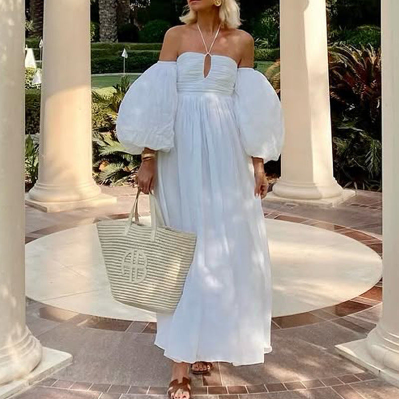 Women’s Maxi Dress – Off Shoulder – Puff Sleeve – Cut-Out Bust – Flowy Chiffon Fit
