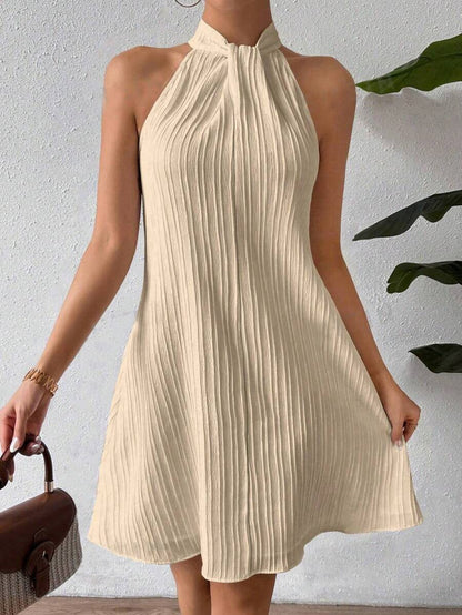 Women's Halter Neck Dress - A-Line Silhouette - Sleeveless - Elegant Pleated Design