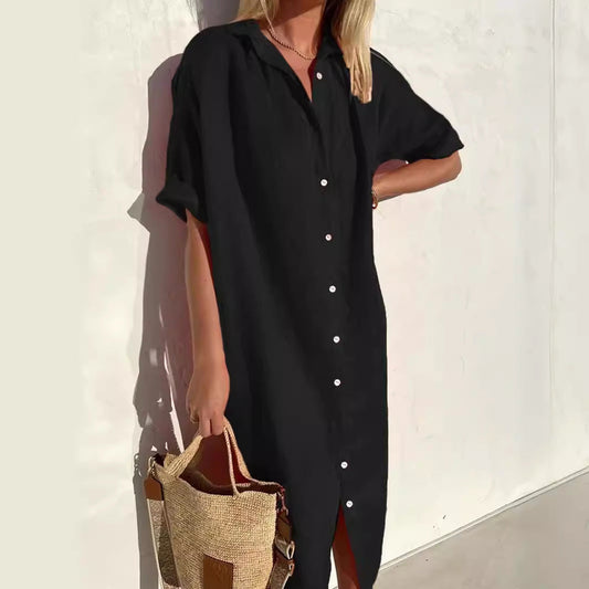 Linen Blend Relaxed Fit Midi Shirt Dress