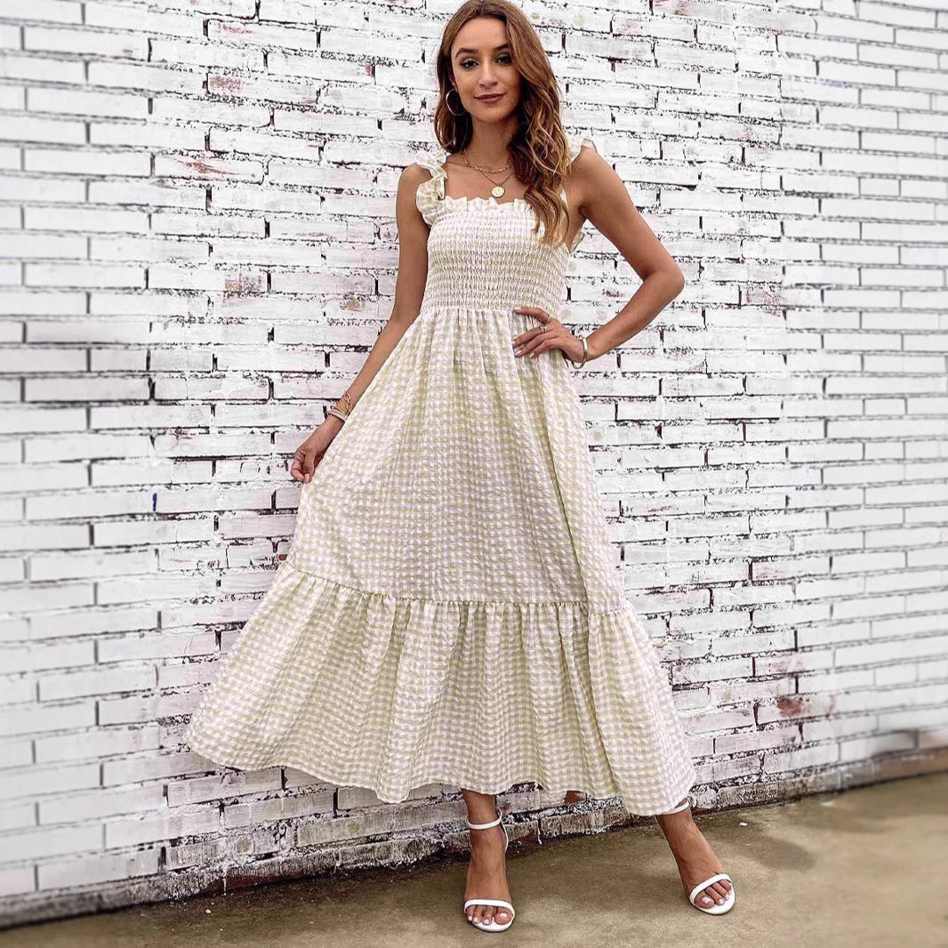 Women’s A-Line Maxi Dress – Smocked Bodice – Tiered Skirt – Spaghetti Straps – Checkered Pattern