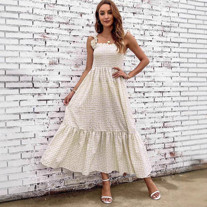 Women’s A-Line Maxi Dress – Smocked Bodice – Tiered Skirt – Spaghetti Straps – Checkered Pattern