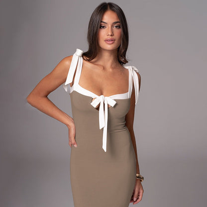 Women’s Full-Length Dress – Slim Fit – Bow Strap – Square Neck – Formal Evening Wear