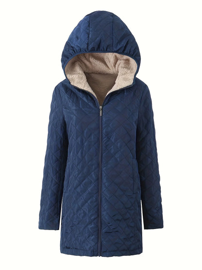 Women’s Quilted Hooded Jacket – Plush Lined – Relaxed Fit – Mid-Thigh Length Warm Outerwear