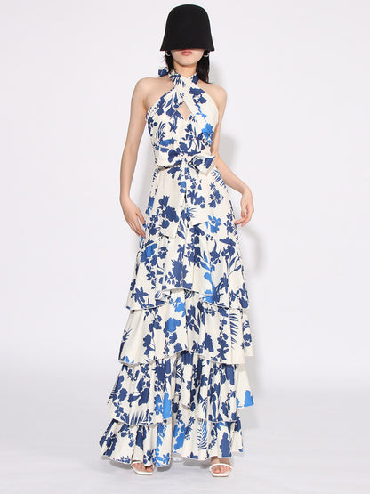 Women's Evening Gown - Halter Neck Cutout - Floral Print - Tiered Ruffle Floor-Length