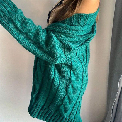 Women’s Knitted Sweater – Oversized Fit – Wool Blend – Cable Knit – V-Neck – Long Sleeve