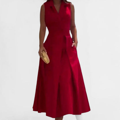 Women’s Midi Dress – V-Neck Button Front – Tailored Fit – Sleeveless Flared Skirt