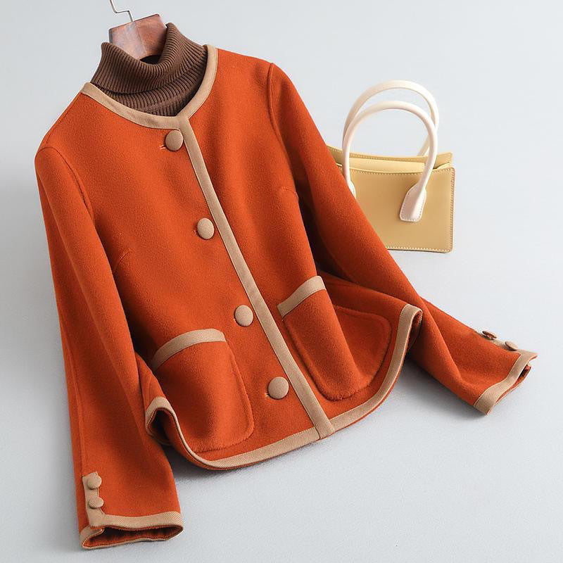 Women’s Short Coat - Wool - Tailored Fit - Round Neck - Contrast Trim - Button Front