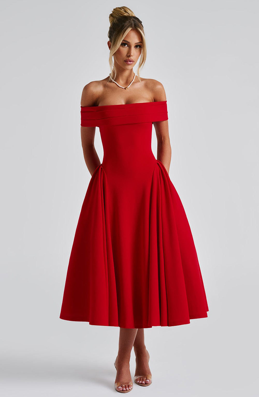Women’s Midi Dress – Off Shoulder – A-Line Fit – Structured Bodice – Formal Wear
