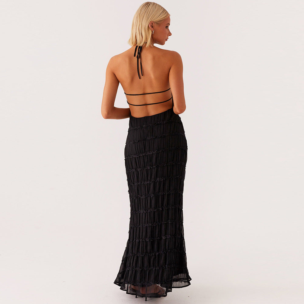 Women’s Maxi Dress – Slim Fit – Halter Neck – Ruched Texture – Open Back Evening Wear