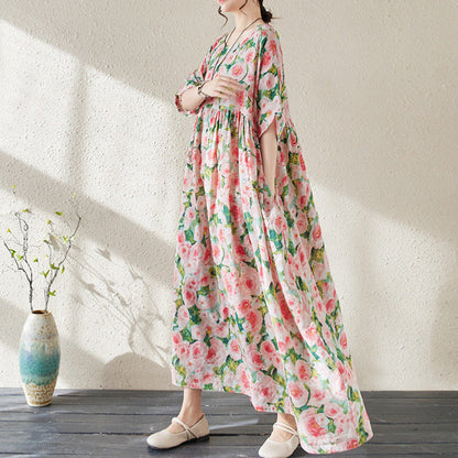 Women’s Maxi Dress – Floral Print – Loose Fit – Three-Quarter Sleeve – Lightweight Fabric