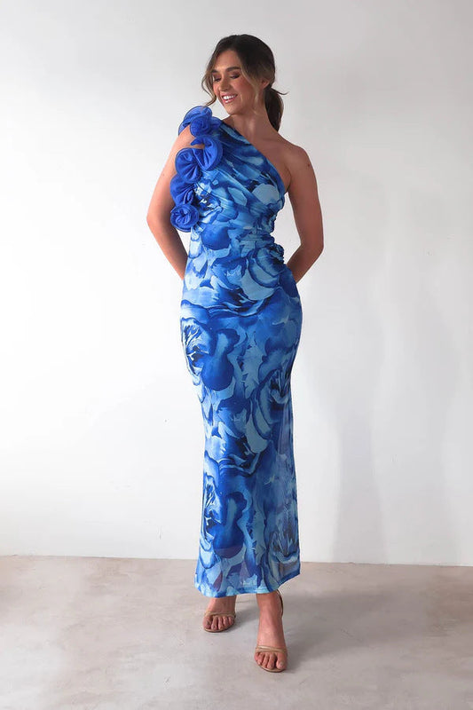 3D Floral Accent Satin Midi Dress