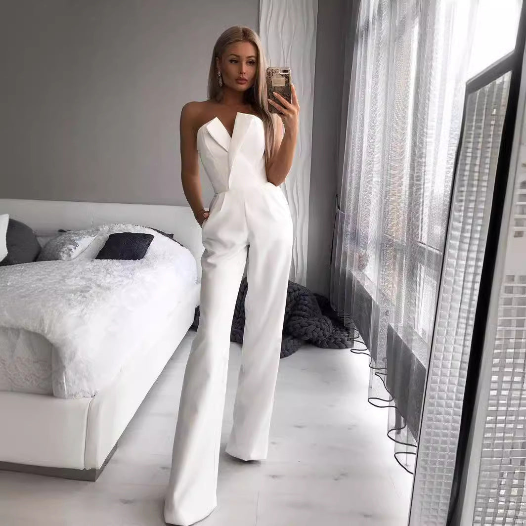 Women’s Jumpsuit – Strapless Asymmetrical Neckline – Tailored Fit – Wide Leg Formal