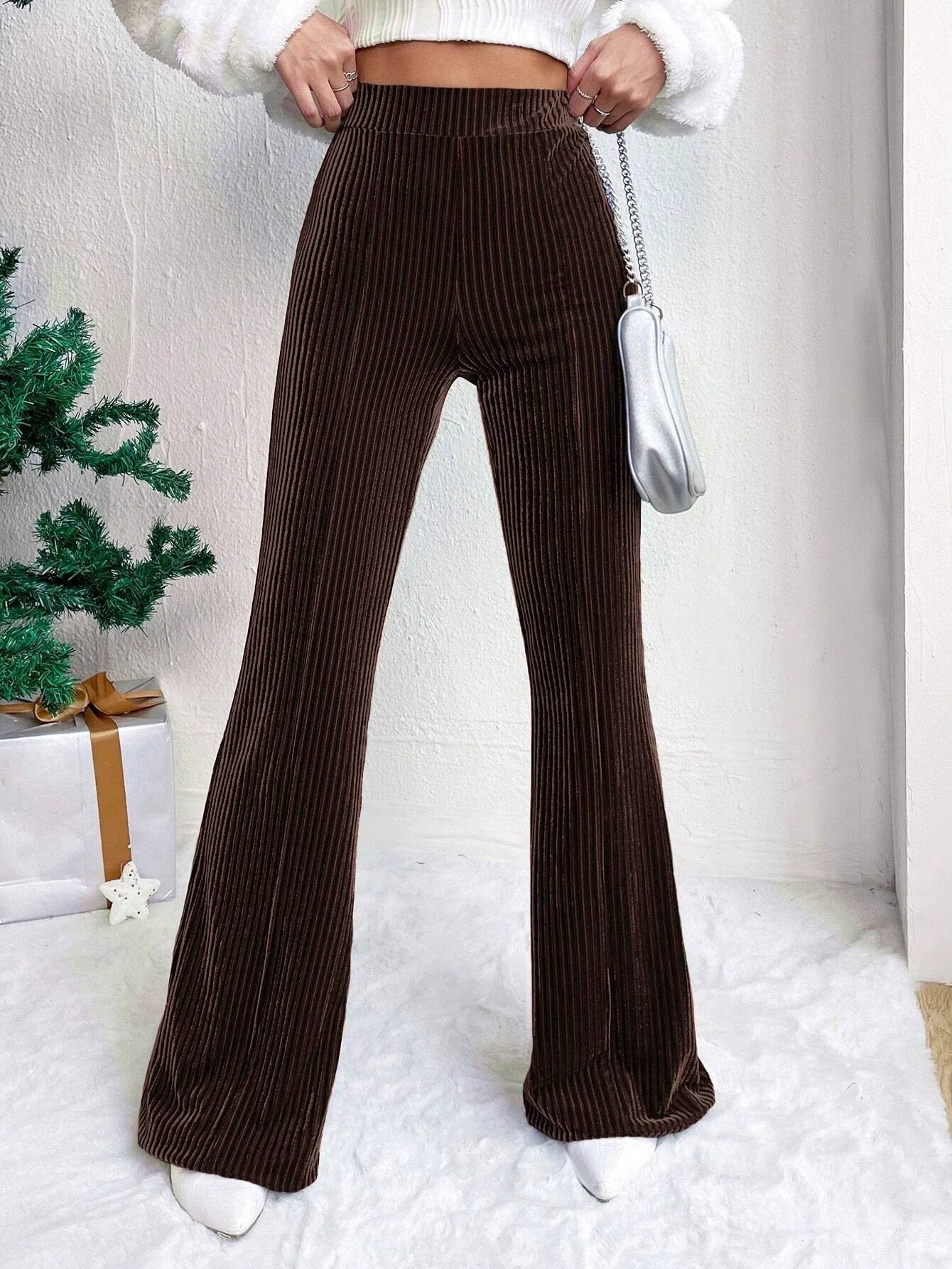 Ribbed Stretch High-Waisted Flared Pants 
