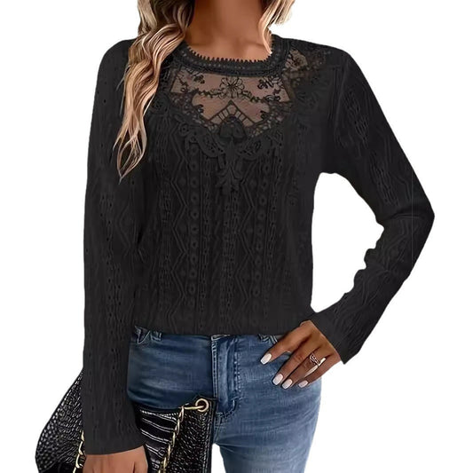Lace Neckline Slim Fit Long Sleeve T-Shirt