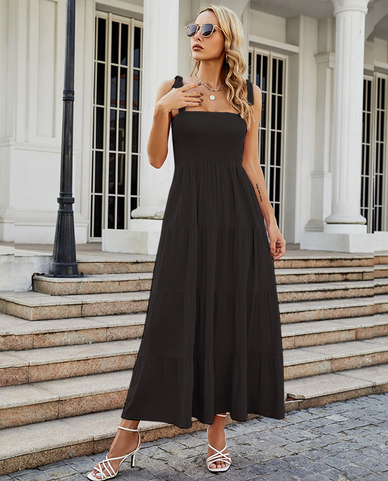 Women’s Maxi Dress – Smocked Bodice – Adjustable Tie Straps – Tiered A-Line – Backless