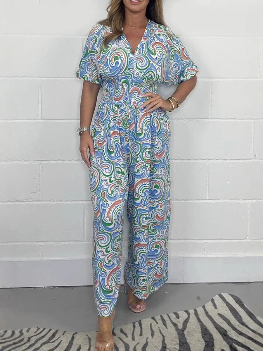 Women’s Jumpsuit – Relaxed Fit – Wide Leg – V-Neck – Soft Breathable Blend – Boho Style
