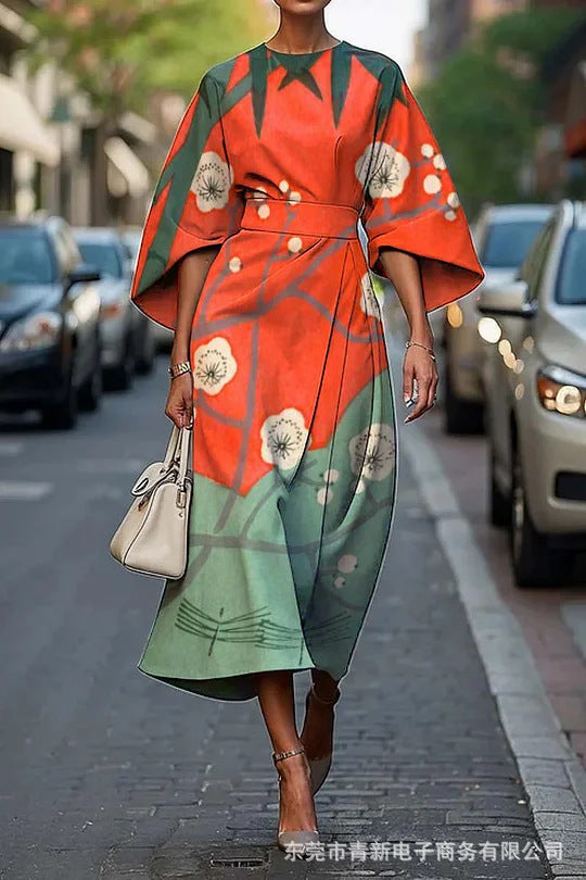 Women’s Midi Dress – A-Line Fit – Luxury Fabric – Kimono Sleeves – Floral Design