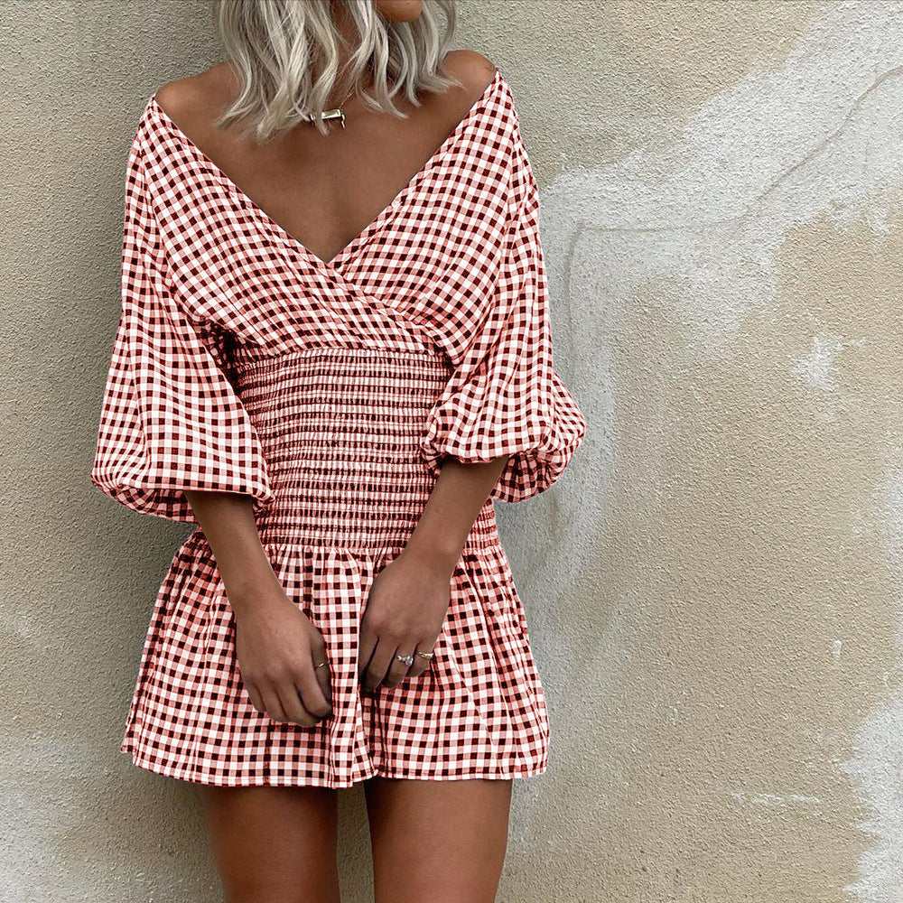 Women’s Mini Dress – Cotton Blend – V-Neck – Puff Sleeves – Elastic Waist – Gingham