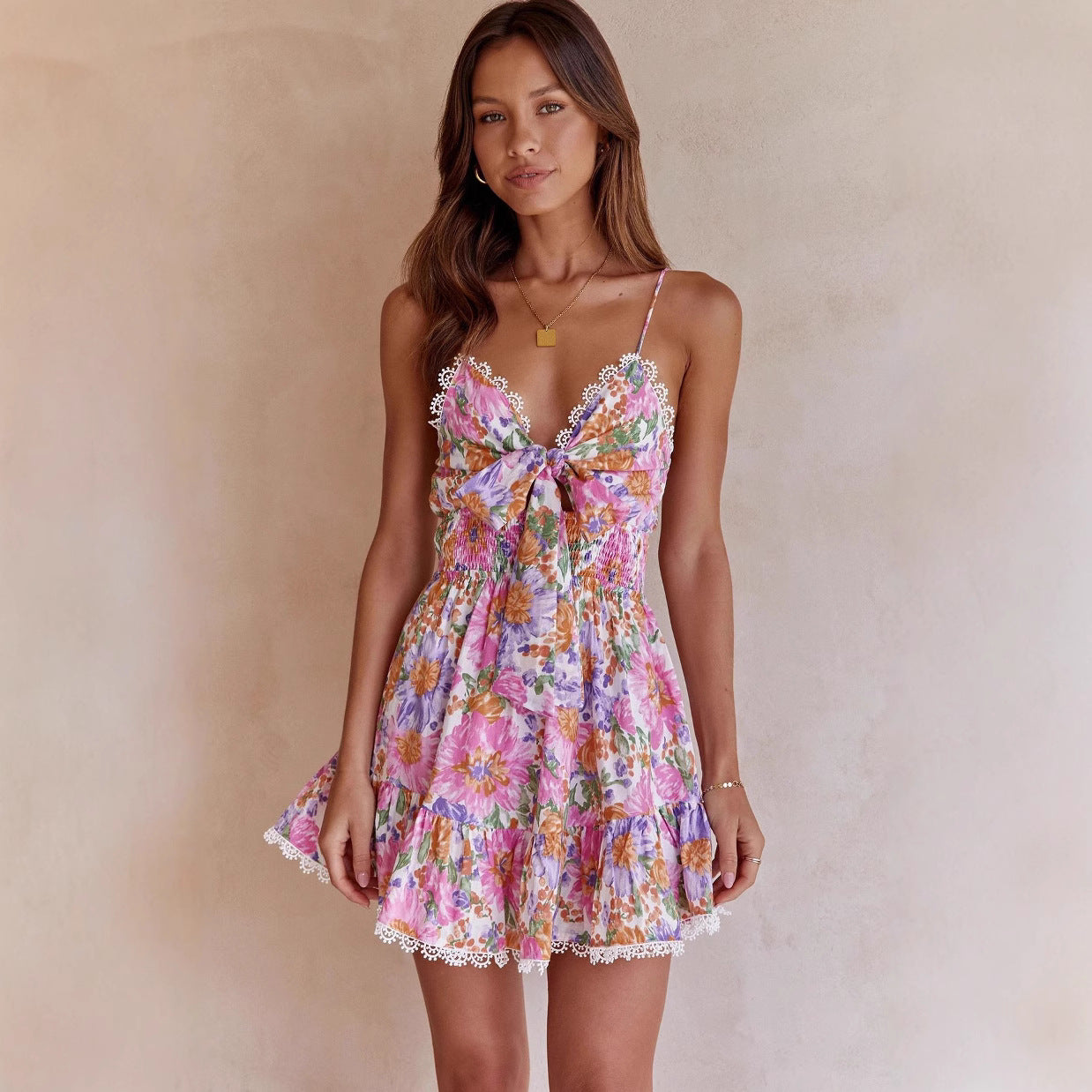 Women's A-Line Mini Dress - Back Tie - Spaghetti Straps - Ruffle Hem - Floral Print